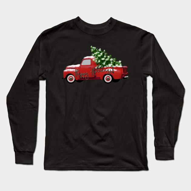 Happy Holidays! Vintage Red Truck Long Sleeve T-Shirt by CheriesArt